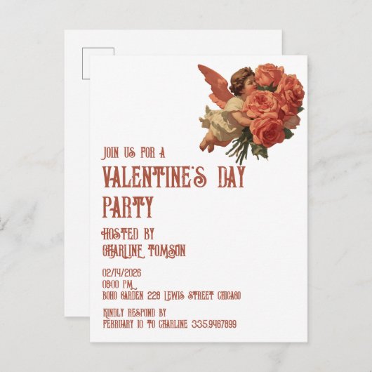 Antiker Cupido mit Rosenstrauß Einladungspostkarte (Vorne/Hinten)