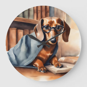Antiker Dachshund in der alten Bibliothek Große Wanduhr