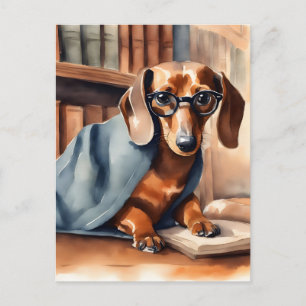 Antiker Dachshund in der alten Bibliothek Postkarte