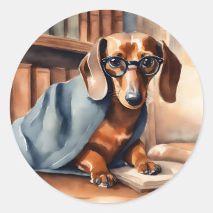 Antiker Dachshund in der alten Bibliothek Runder Aufkleber