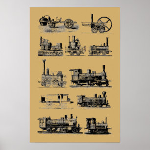 Antiker Dampflok Motor Lokomotive "Steampunk" Art Poster