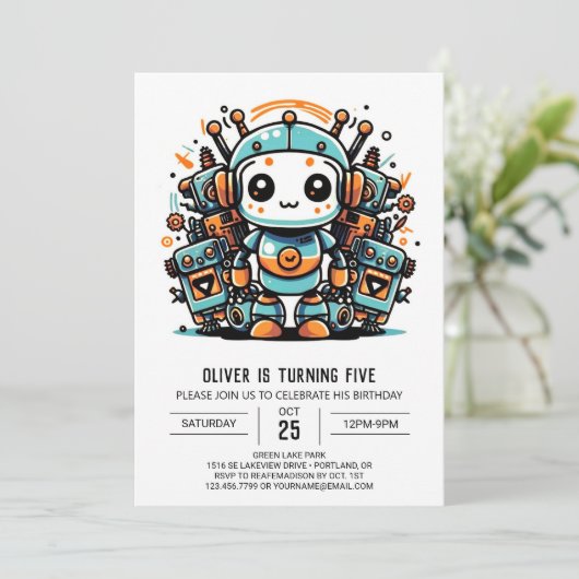Antiker digitaler Roboter zum Geburtstag Einladung (Stehend Vorderseite)
