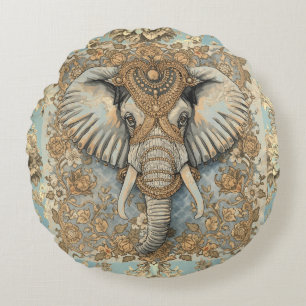 Antiker Elefant, Vintage Elefant, Gold Soft Blau Rundes Kissen
