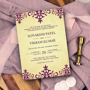 Antiker Ethnischer Lila Damast Indische Hochzeit Einladung