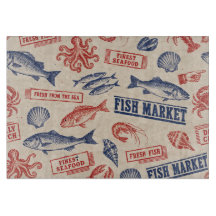 Antiker Fischmarkt Meeresfrüchte Glas Schneidbrett
