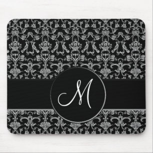 Antiker florentinischer Damast (Monogramm) (Weiß) Mousepad