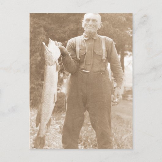 Antiker Foto Mann mit großem Fisch Postkarte (Vorderseite)