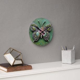 Antiker geschnitzter Schmetterling und rosa Blumen Runde Wanduhr