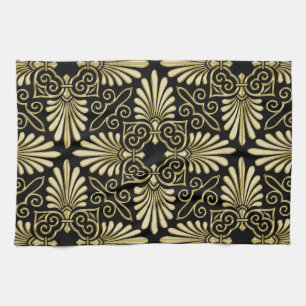Antiker Gold-Schwarz-Damaskus-Art-Deco-Fächer Geschirrtuch