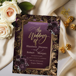 Antiker Goldrahmen Burgunderrosen Hochzeit Einladung