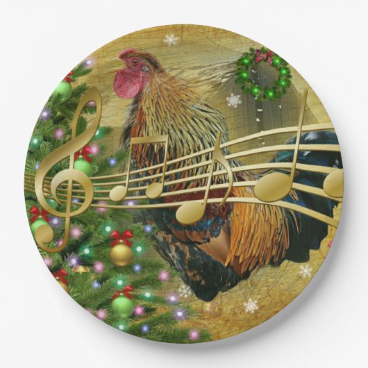 Antiker Hahn singt Weihnachtslieder Pappteller (Vorderseite)
