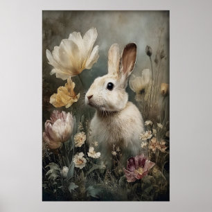 Antiker Hasen-Kaninchen-Blumen-Druck, Ostern Poster