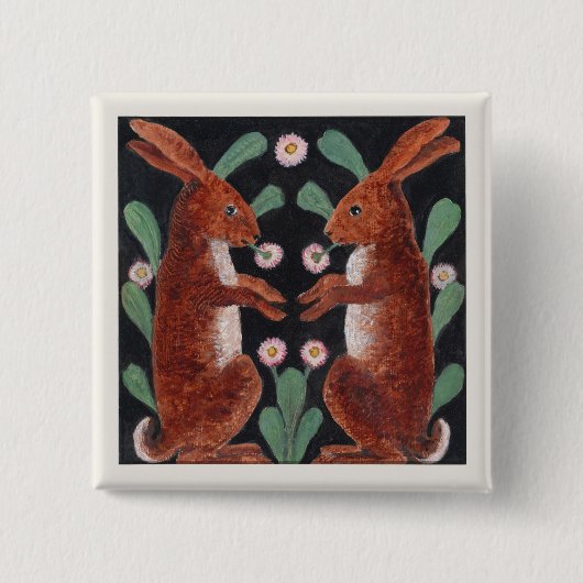 Antiker Holzland-Hase-Frühlingsblumenschmuck Button (Vorderseite)