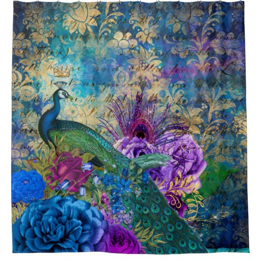 Antiker Illustrierter Pfau & Blume Grunge Duschvorhang (Vorderseite)