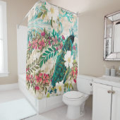 Antiker Illustrierter Pfau & Blume Grunge Duschvorhang (Beispiel)