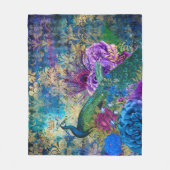 Antiker Illustrierter Pfau & Blume Grunge Fleecedecke (Vorderseite)