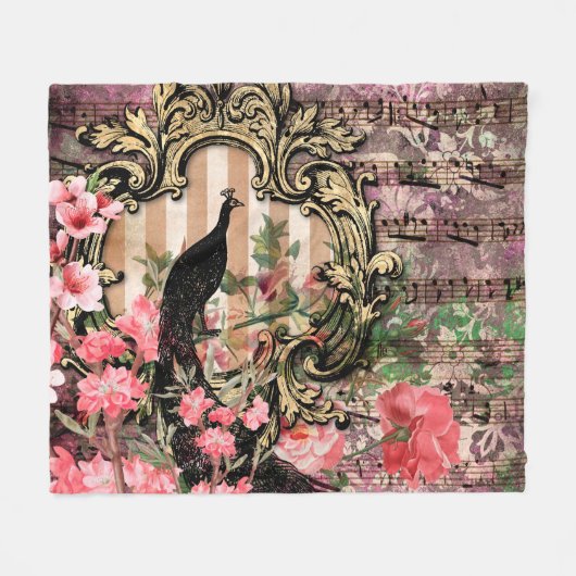 Antiker Illustrierter Pfau & Blume Grunge Fleecedecke (Vorderseite (Horizontal))