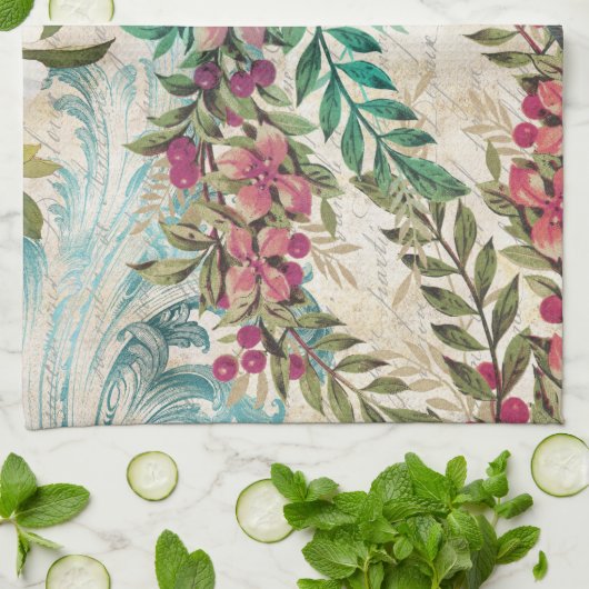 Antiker Illustrierter Pfau & Blume Grunge Geschirrtuch (Gefaltet)