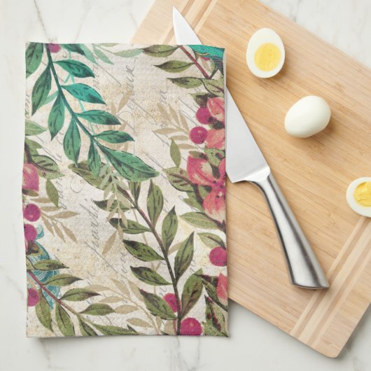 Antiker Illustrierter Pfau & Blume Grunge Geschirrtuch (Viertel Falte)