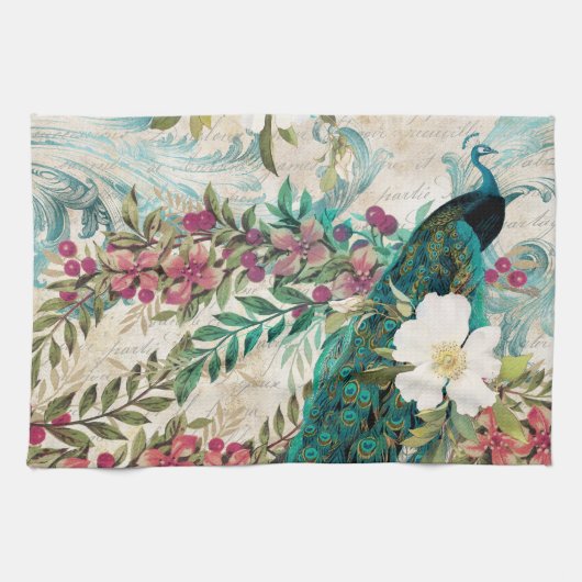 Antiker Illustrierter Pfau & Blume Grunge Geschirrtuch (Horizontal)