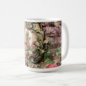 Antiker Illustrierter Pfau & Blume Grunge Kaffeetasse (VorderseiteRechts)