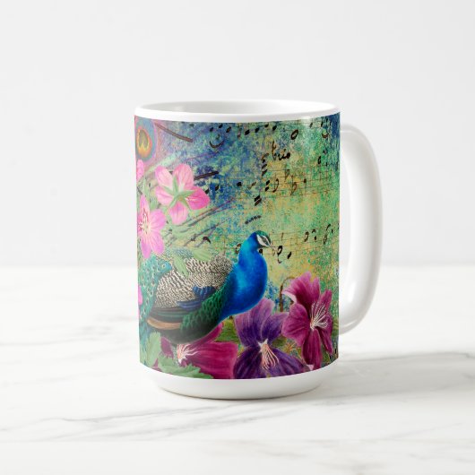 Antiker Illustrierter Pfau & Blume Grunge Kaffeetasse (VorderseiteRechts)