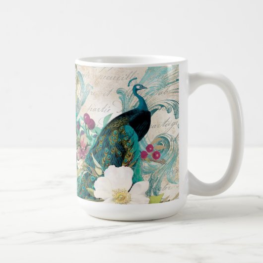 Antiker Illustrierter Pfau & Blume Grunge Kaffeetasse (Rechts)
