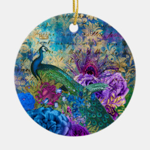 Antiker Illustrierter Pfau & Blume Grunge Keramik Ornament