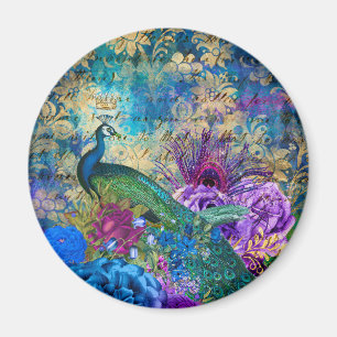 Antiker Illustrierter Pfau & Blume Grunge  Magnet