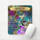 Antiker Illustrierter Pfau & Blume Grunge Mousepad (Mit Mouse)