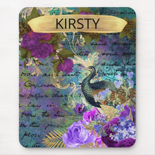 Antiker Illustrierter Pfau & Blume Grunge Mousepad (Vorne)