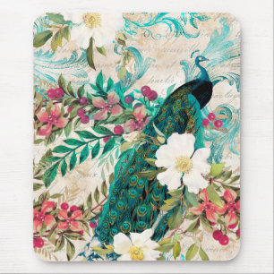 Antiker Illustrierter Pfau & Blume Grunge Mousepad