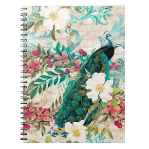 Antiker Illustrierter Pfau & Blume Grunge Notizblock