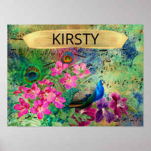 Antiker Illustrierter Pfau & Blume Grunge Poster