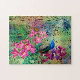 Antiker Illustrierter Pfau & Blume Grunge Puzzle