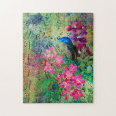 Antiker Illustrierter Pfau & Blume Grunge Puzzle (Vertikal)