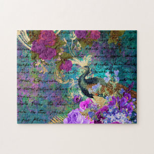 Antiker Illustrierter Pfau & Blume Grunge Puzzle