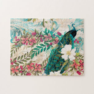 Antiker Illustrierter Pfau & Blume Grunge Puzzle