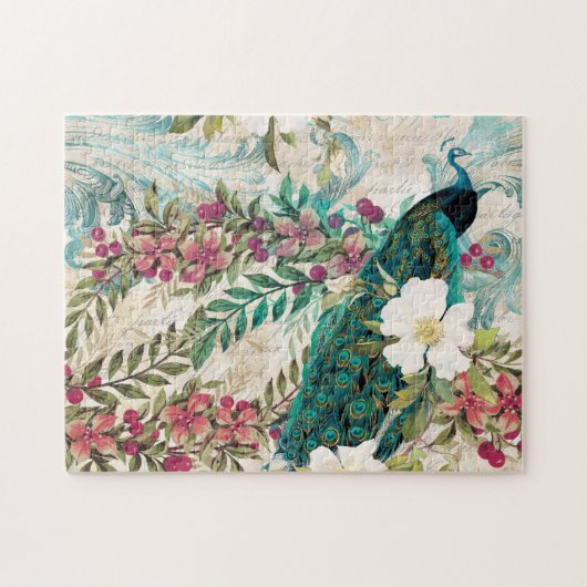 Antiker Illustrierter Pfau & Blume Grunge Puzzle (Horizontal)