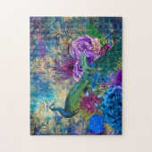 Antiker Illustrierter Pfau & Blume Grunge Puzzle (Vertikal)