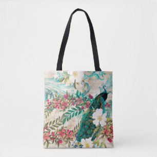 Antiker Illustrierter Pfau & Blume Grunge Tasche