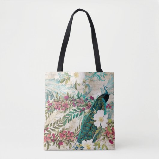 Antiker Illustrierter Pfau & Blume Grunge Tasche (Vorderseite)