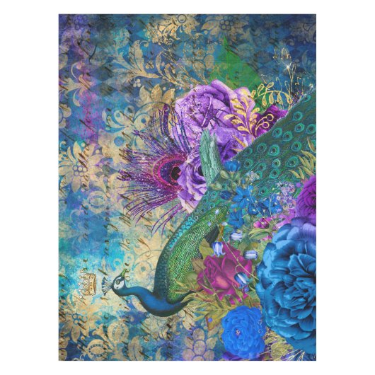 Antiker Illustrierter Pfau & Blume Grunge Tischdecke (Vorderseite)