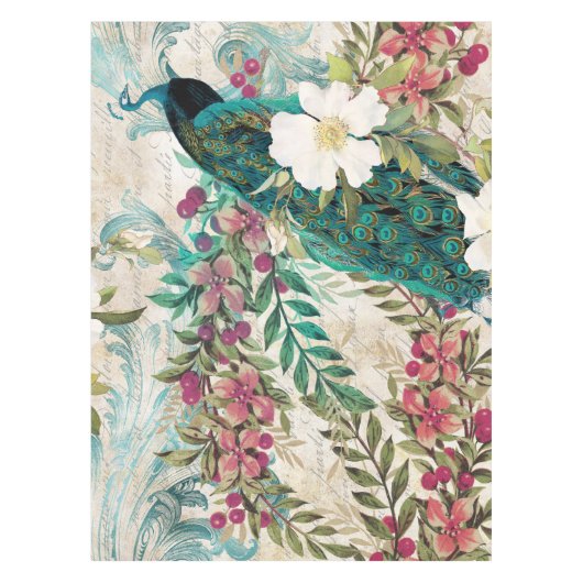 Antiker Illustrierter Pfau & Blume Grunge Tischdecke (Vorderseite)