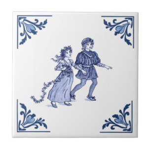 Antiker Junge und Mädchen Delft Ecken Blau und Wei Fliese