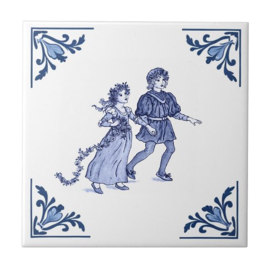 Antiker Junge und Mädchen Delft Ecken Blau und Wei Fliese (Vorderseite)