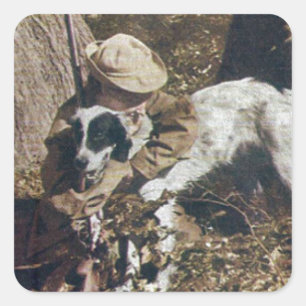 antiker Junge und sein Jagdhund Quadratischer Aufkleber