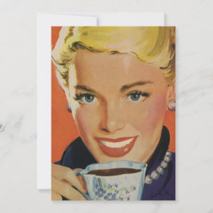 Antiker Kaffee, glückliche Frau mit retro-Kaffeeta Einladung
