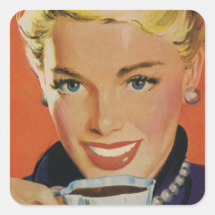 Antiker Kaffee, glückliche Frau mit retro-Kaffeeta Quadratischer Aufkleber