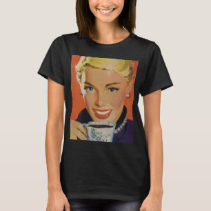 Antiker Kaffee, glückliche Frau mit retro-Kaffeeta T-Shirt